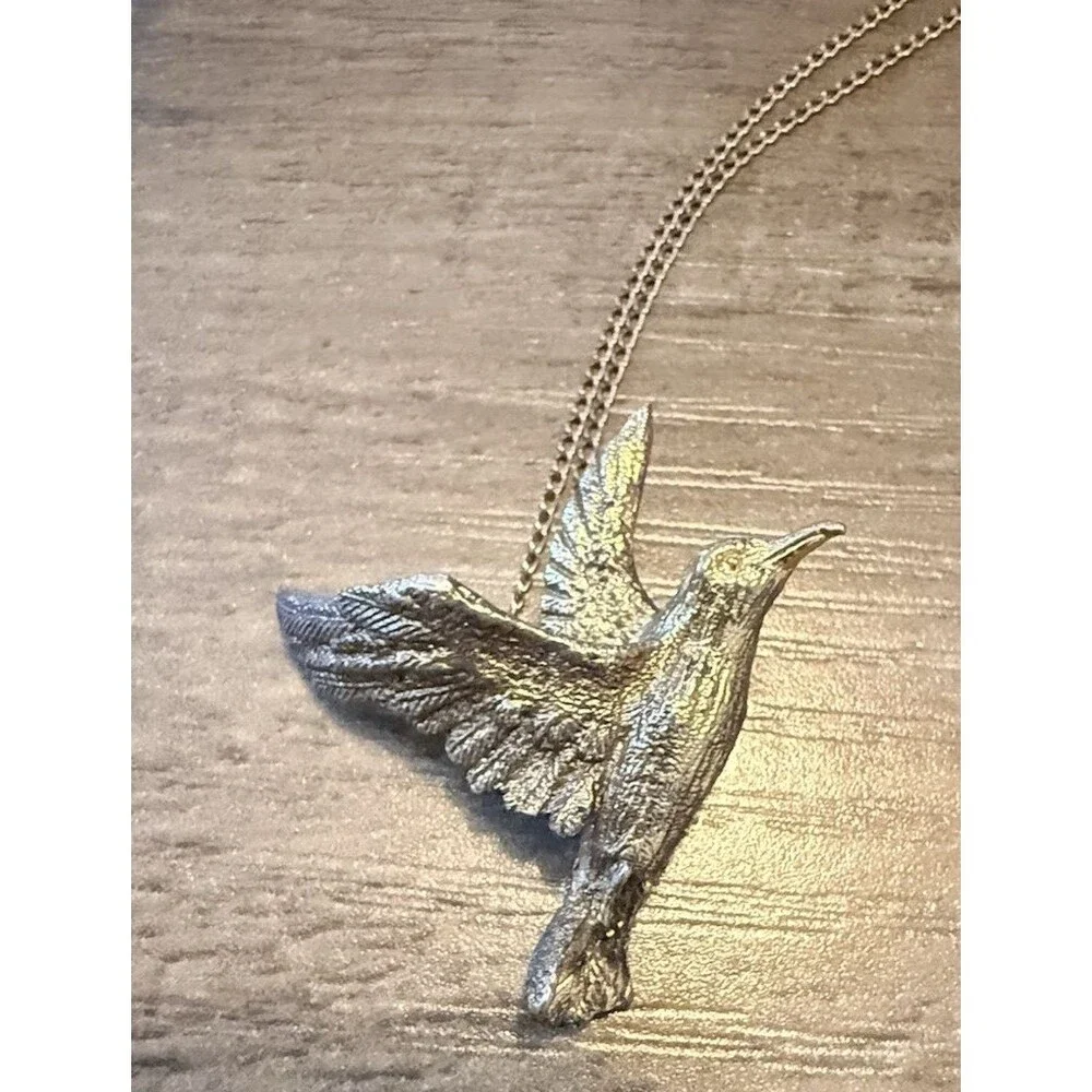 Vintage Hummingbird In Flight Necklace Pendant Marked Sterling 12k GF Chain